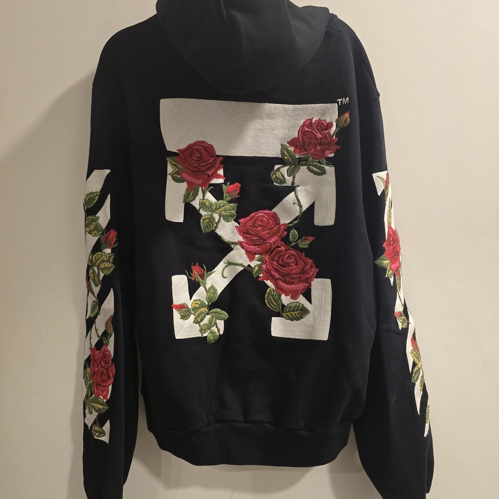 Offwhite Black Hoodie with Red Rose Embroidery